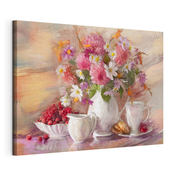 Canvas Schilderijen Een schilderij van bloemen in een vaas en een schaal met croissants (Artikelnummer: s29240) Canvas Schilderijen Canvas Schilderijen Een schilderij van bloemen in een vaas en een schaal met croissants (Artikelnummer: s29240)