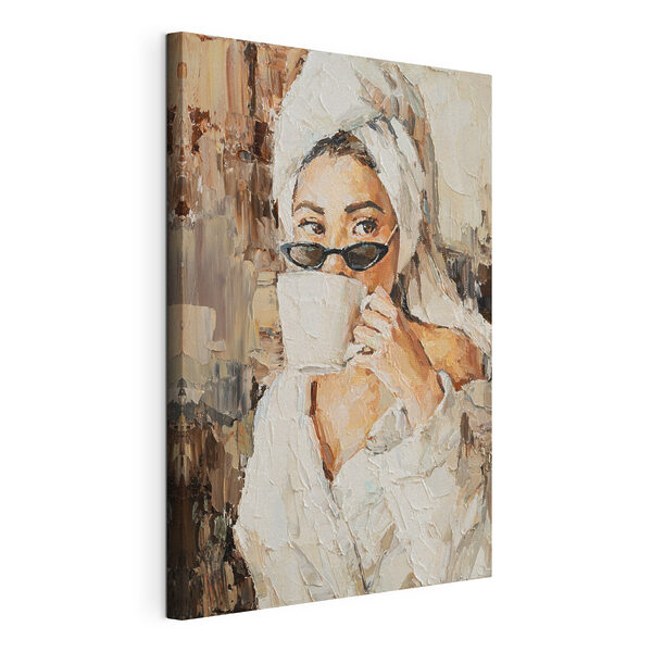 Een schilderij van een vrouw met een kopje Canvas Schilderijen Een schilderij van een vrouw met een kopje
