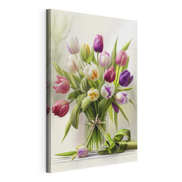 Een boeket tulpen in een glazen vaas Canvas Schilderijen Een boeket tulpen in een glazen vaas