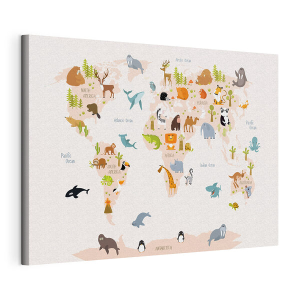 Een wereldkaart met dieren Canvas Schilderijen Een wereldkaart met dieren