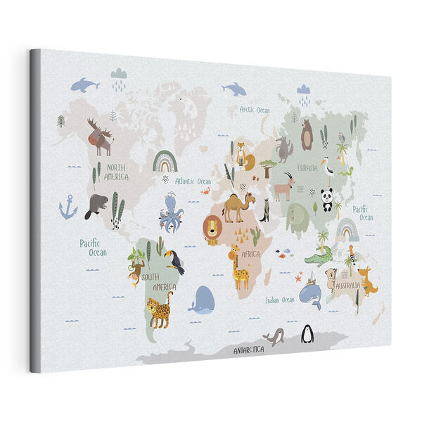 Een wereldkaart met dieren Canvas Schilderijen Een wereldkaart met dieren