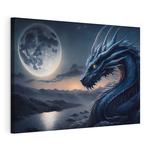 Canvas Schilderijen Een blauwe draak met een maan op de achtergrond (Artikelnummer: s32612) Canvas Schilderijen Canvas Schilderijen Een blauwe draak met een maan op de achtergrond (Artikelnummer: s32612)