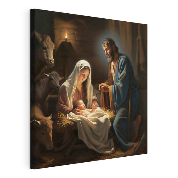Canvas Schilderijen Canvas Schilderijen Een schilderij van een man en vrouw in een kribbe met dieren eromheen (Artikelnummer: s33488)