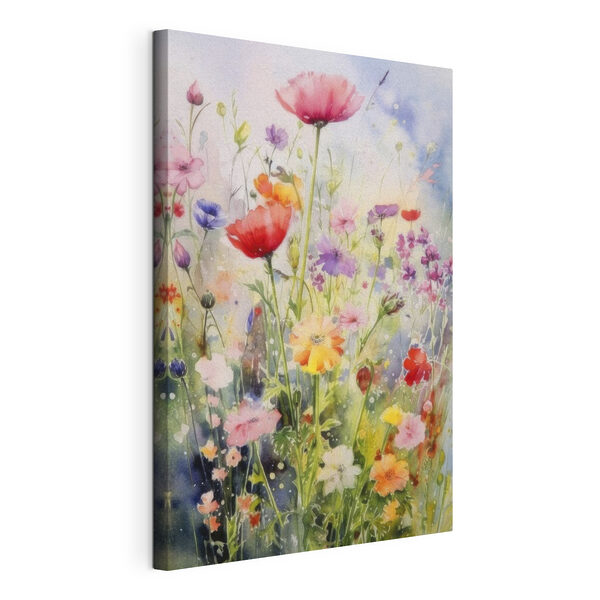 Een schilderij van bloemen in een veld Canvas Schilderijen Een schilderij van bloemen in een veld