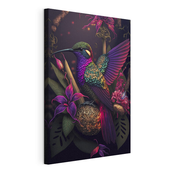 Canvas Schilderijen Een kleurrijke vogel zittend op een bol bloemen (Artikelnummer: s33703) Canvas Schilderijen Canvas Schilderijen Een kleurrijke vogel zittend op een bol bloemen (Artikelnummer: s33703)