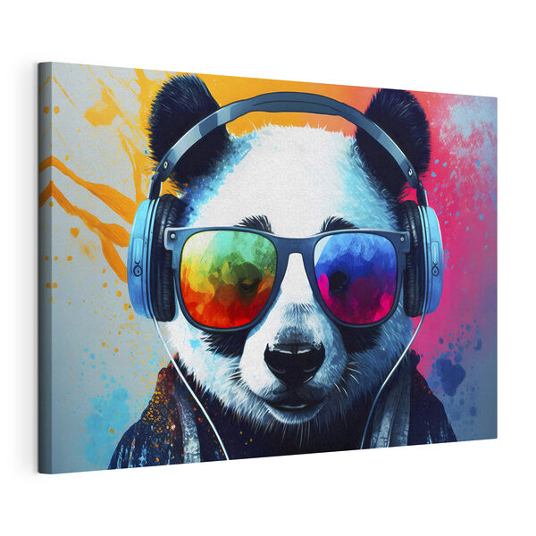 Canvas Schilderijen Een panda met een koptelefoon en zonnebril