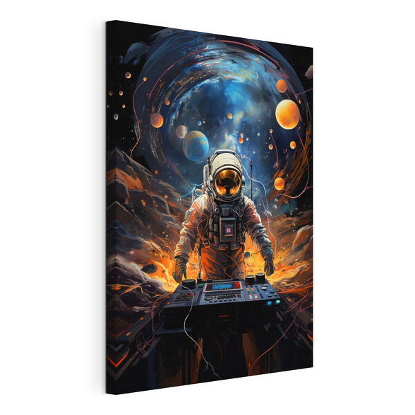 Een astronaut in de ruimte met een machine Canvas Schilderijen Een astronaut in de ruimte met een machine