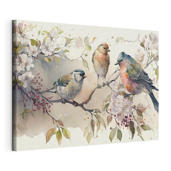 Een groep vogels op een tak Canvas Schilderijen Een groep vogels op een tak