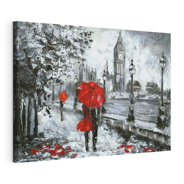 Canvas Schilderijen Een schilderij van een stel met paraplu's in een besneeuwde stad (Artikelnummer: s34614) Canvas Schilderijen Canvas Schilderijen Een schilderij van een stel met paraplu's in een besneeuwde stad (Artikelnummer: s34614)