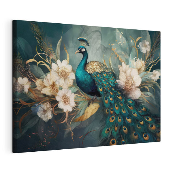 Canvas Schilderijen Een pauw zittend op een tak met bloemen