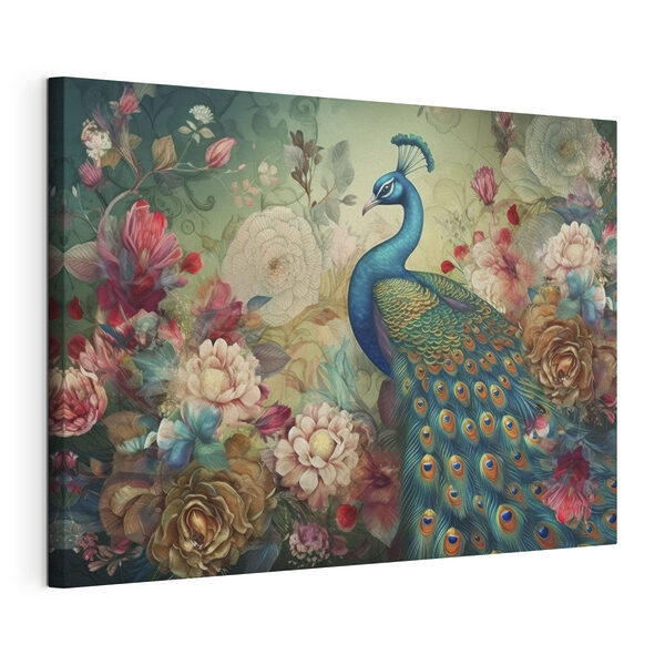 Canvas Schilderijen Een pauw met bloemen en bladeren (Artikelnummer: s34869) Canvas Schilderijen Canvas Schilderijen Een pauw met bloemen en bladeren (Artikelnummer: s34869)