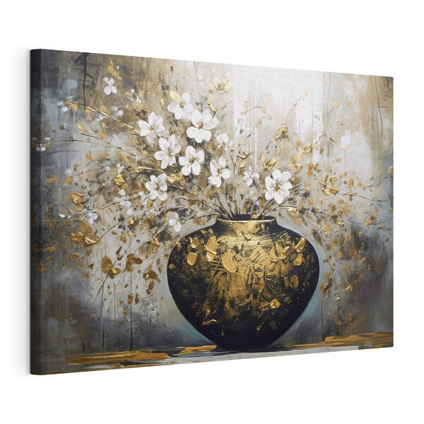 Een schilderij van bloemen in een vaas Canvas Schilderijen Een schilderij van bloemen in een vaas