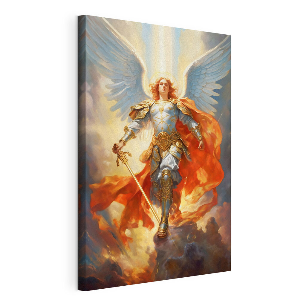 A painting of a person in armor with wings and a sword A painting of a person in armor with wings and a sword
