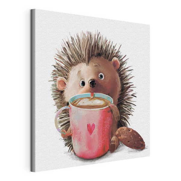 Canvas Schilderijen Een egel met een kop koffie