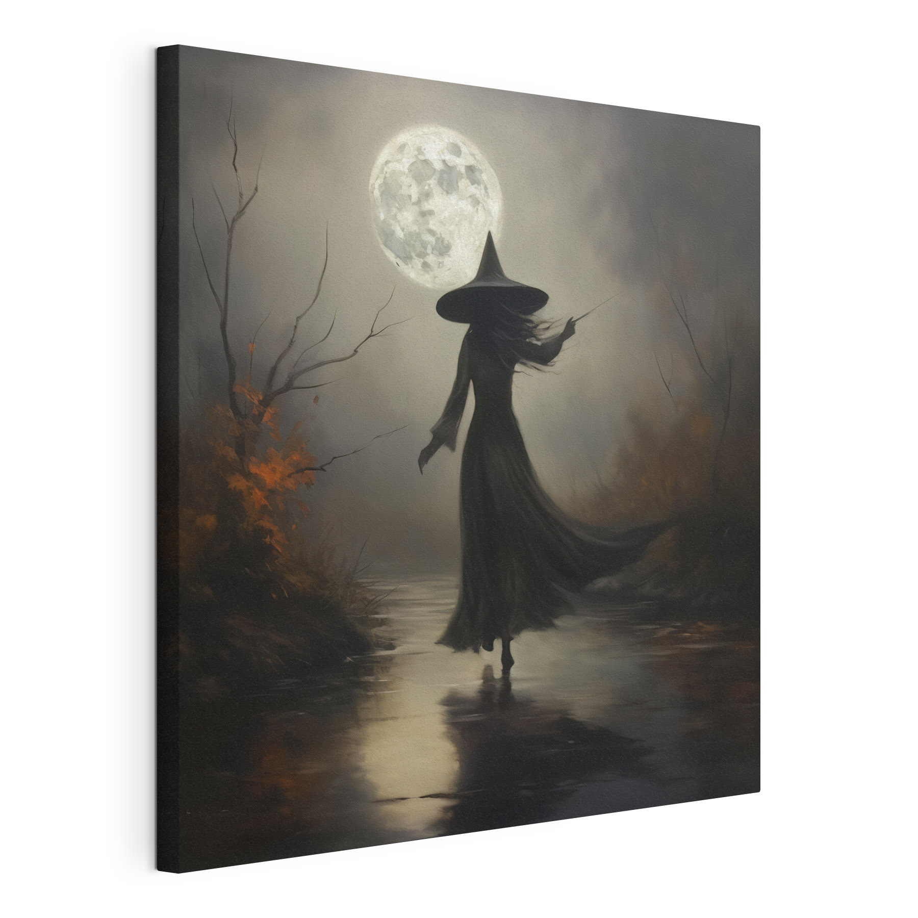 Woman in a person garment walking on a path with a full moon