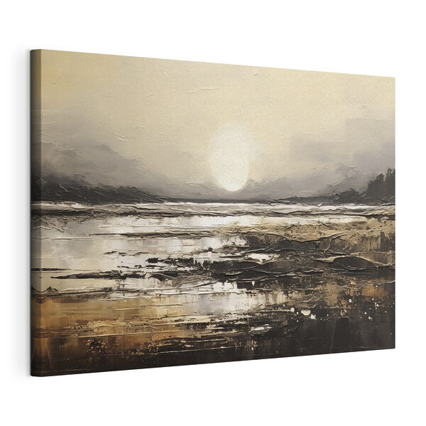 Een schilderij van een strand met de zon op de achtergrond Canvas Schilderijen Een schilderij van een strand met de zon op de achtergrond
