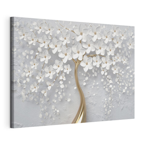 Een boom met witte bloemen en bladeren Canvas Schilderijen Een boom met witte bloemen en bladeren