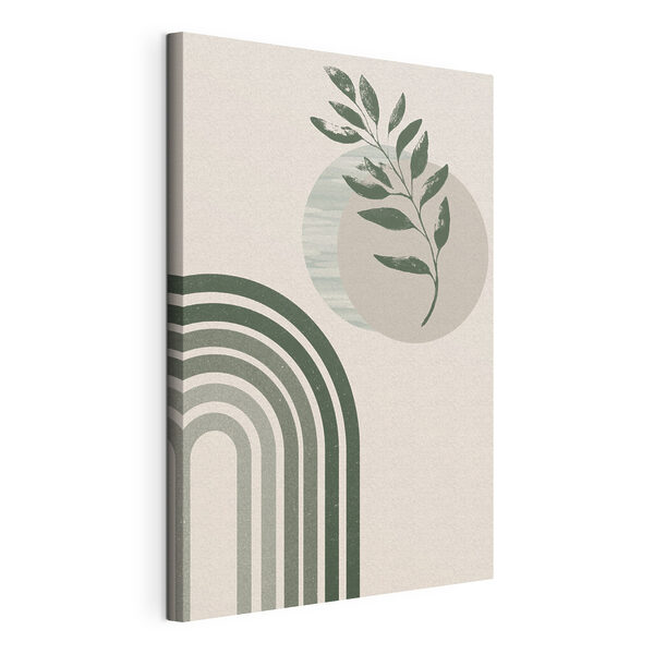 Een groene en witte regenboog met een blad en een plant Canvas Schilderijen Een groene en witte regenboog met een blad en een plant