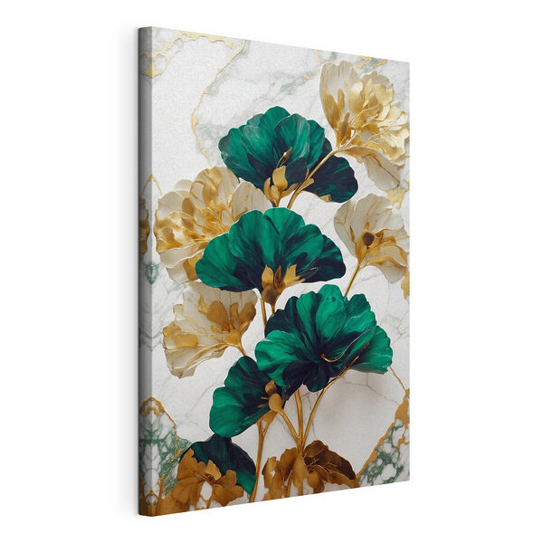 Canvas Schilderijen Groene en witte bloemen op een marmeren oppervlak