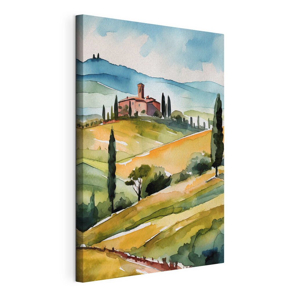 Watercolor of a house on a hill with trees and hills