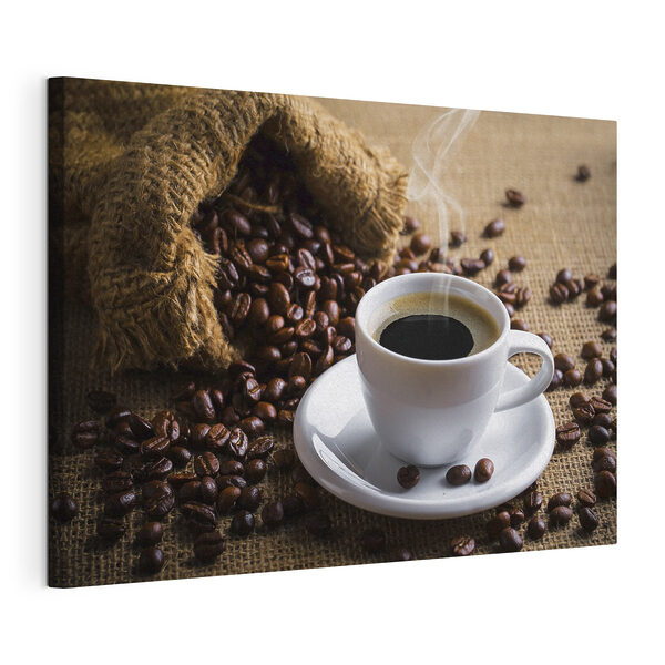 Canvas Schilderijen Een kop koffie en een zak koffiebonen
