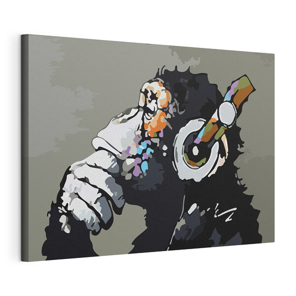 Canvas Schilderijen Een cartoon van een aap die een koptelefoon vasthoudt (Artikelnummer: s37269) Canvas Schilderijen Canvas Schilderijen Een cartoon van een aap die een koptelefoon vasthoudt (Artikelnummer: s37269)