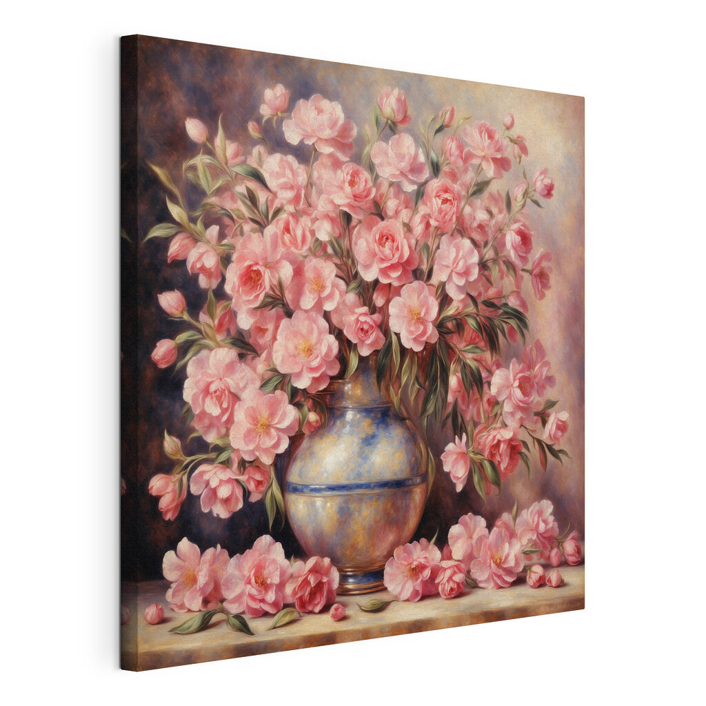 A painting of pink flowers in a vase A painting of pink flowers in a vase