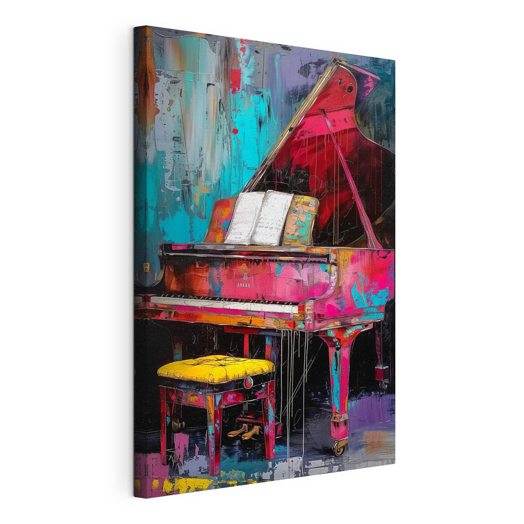 A pink piano with a stool