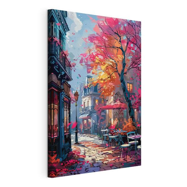 Canvas Schilderijen Canvas Schilderijen Een straat met tafels, stoelen en parasols (Artikelnummer: s37459)