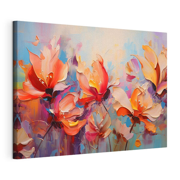 Canvas Schilderijen Een schilderij van bloemen op een blauwe achtergrond (Artikelnummer: s37535) Canvas Schilderijen Canvas Schilderijen Een schilderij van bloemen op een blauwe achtergrond (Artikelnummer: s37535)