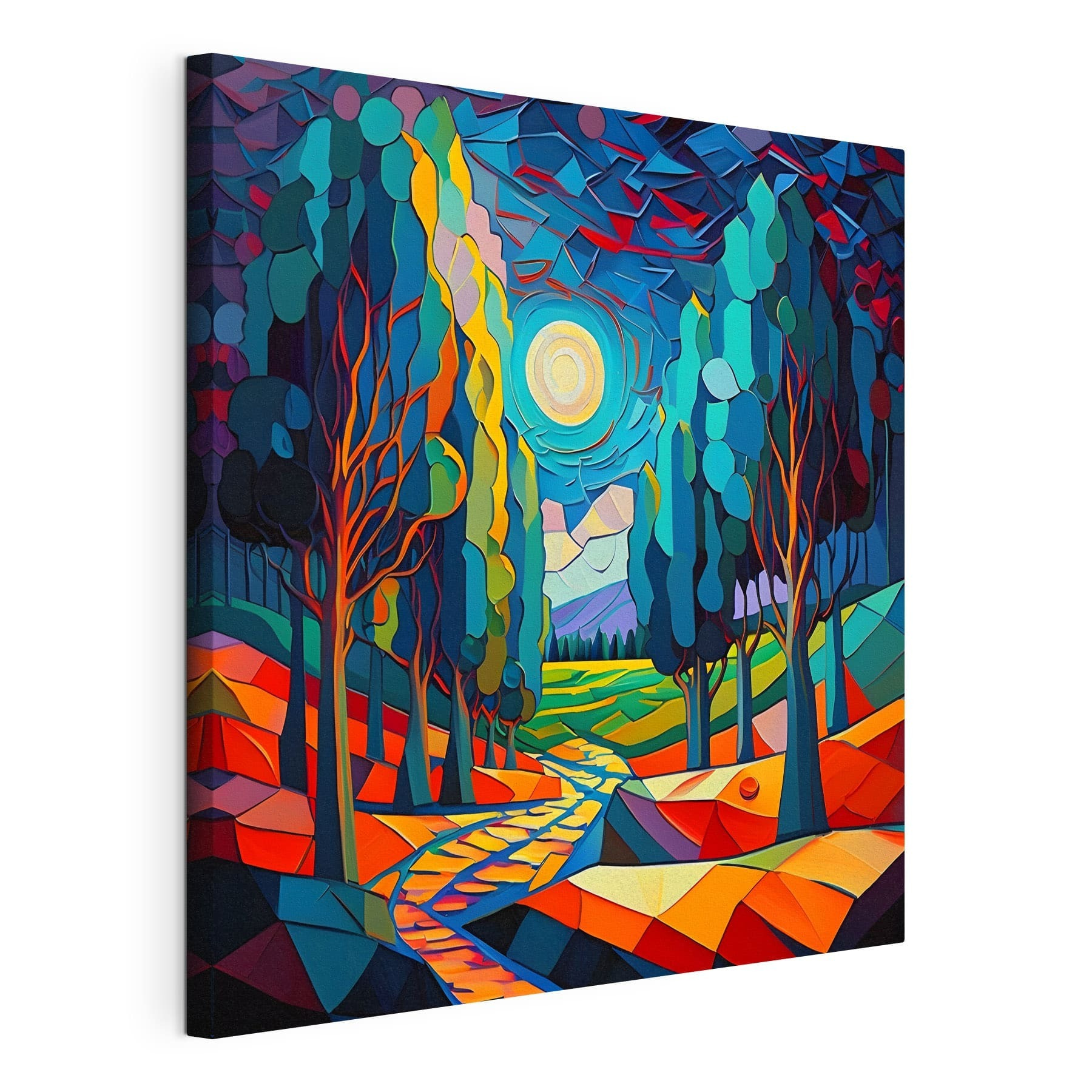 A colorful landscape with trees and a path A colorful landscape with trees and a path