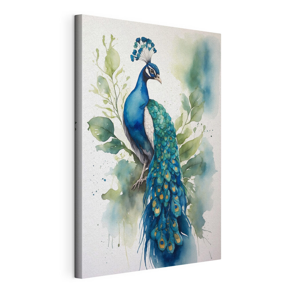 A watercolor of a peacock