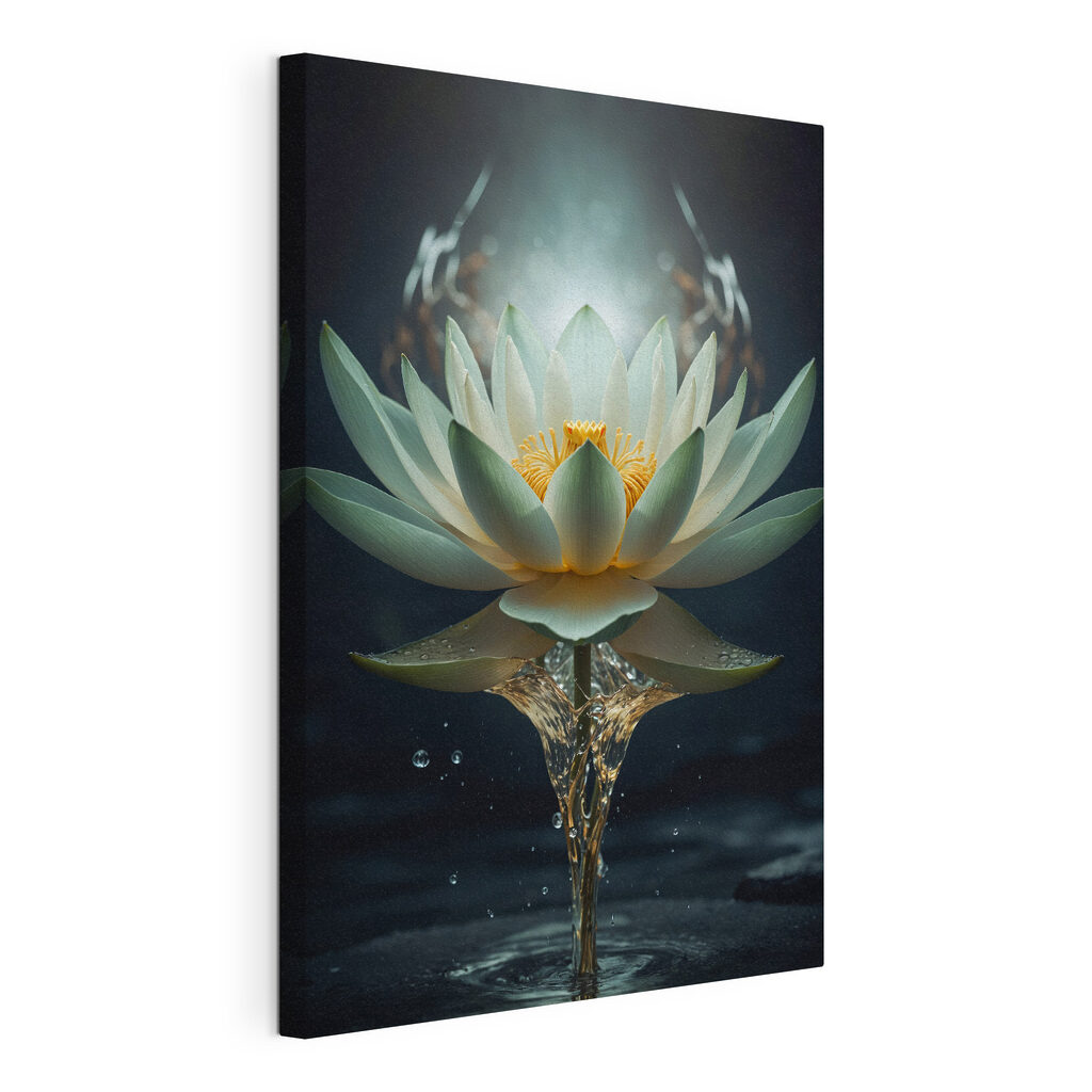 A white flower with yellow center and water splashing out