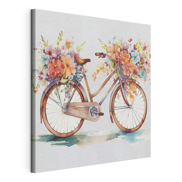 Canvas Schilderijen Een aquarel van een fiets met bloemen erop
