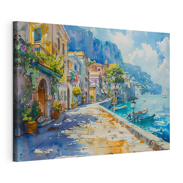 Canvas Schilderijen Aquarel van een stad langs een waterlichaam