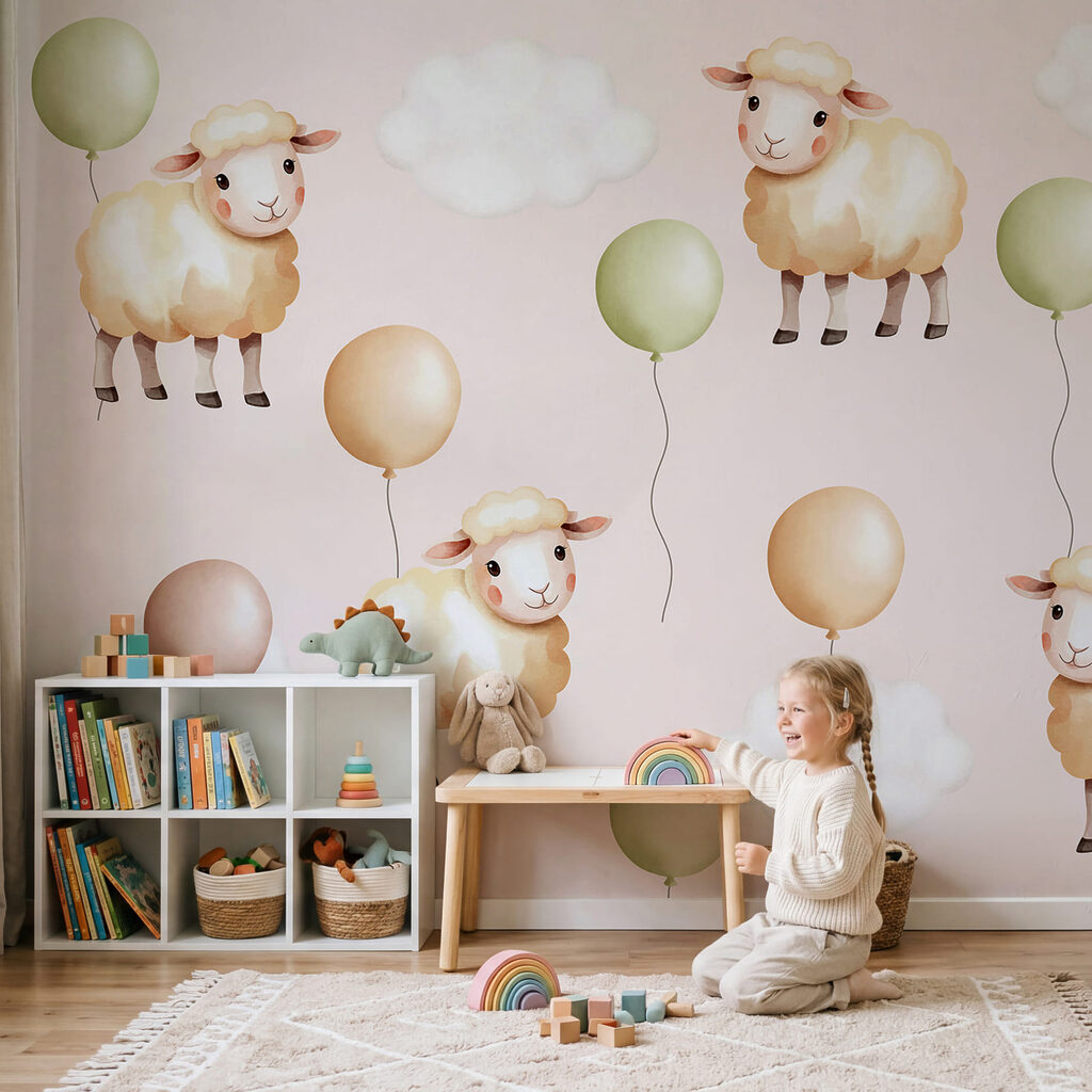 Motief met schapen en ballonnen