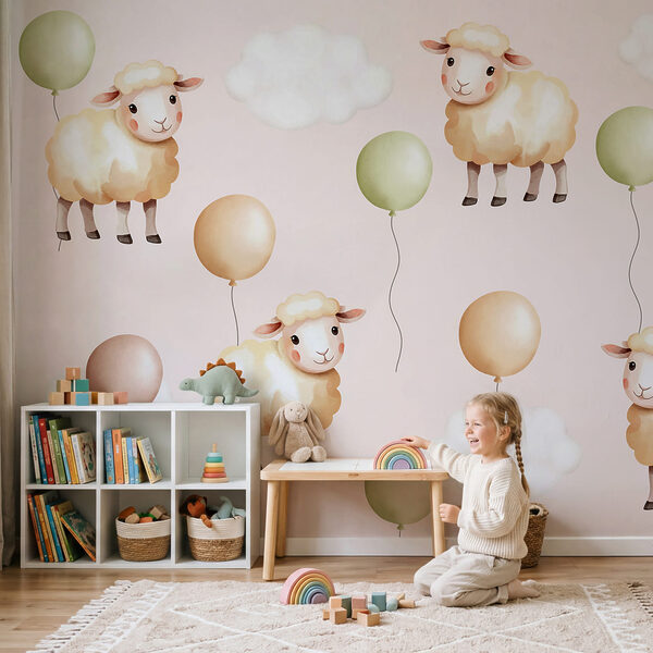 Motief met schapen en ballonnen