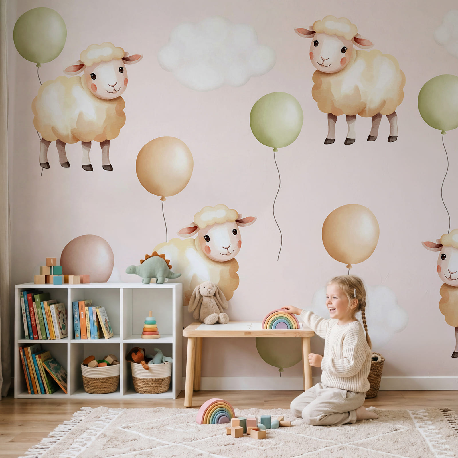 Motief met schapen en ballonnen