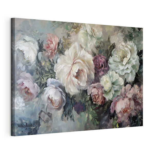Een schilderij van bloemen op een blauwe achtergrond Canvas Schilderijen Een schilderij van bloemen op een blauwe achtergrond
