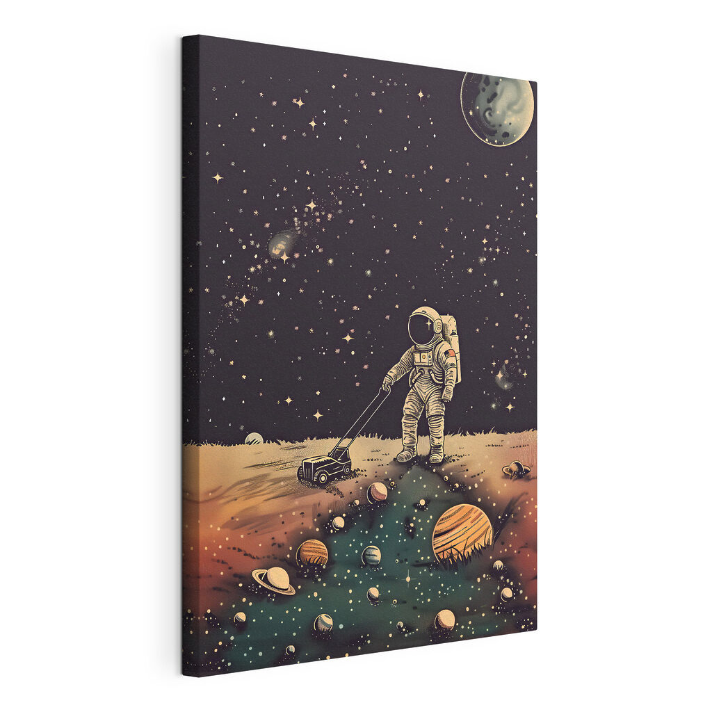 A astronaut pulling a lawnmower in space A astronaut pulling a lawnmower in space