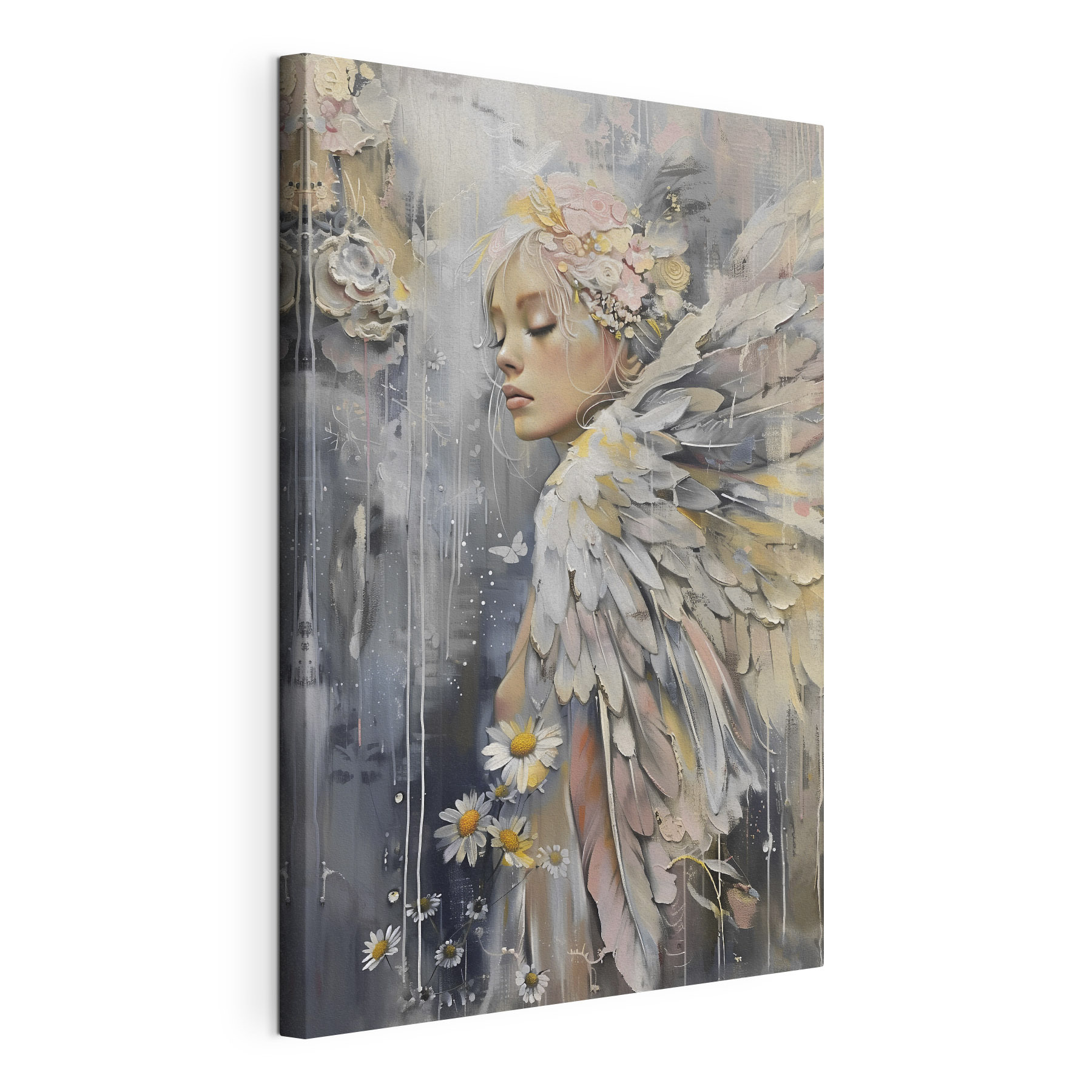 A painting of a woman with wings and flowers A painting of a woman with wings and flowers