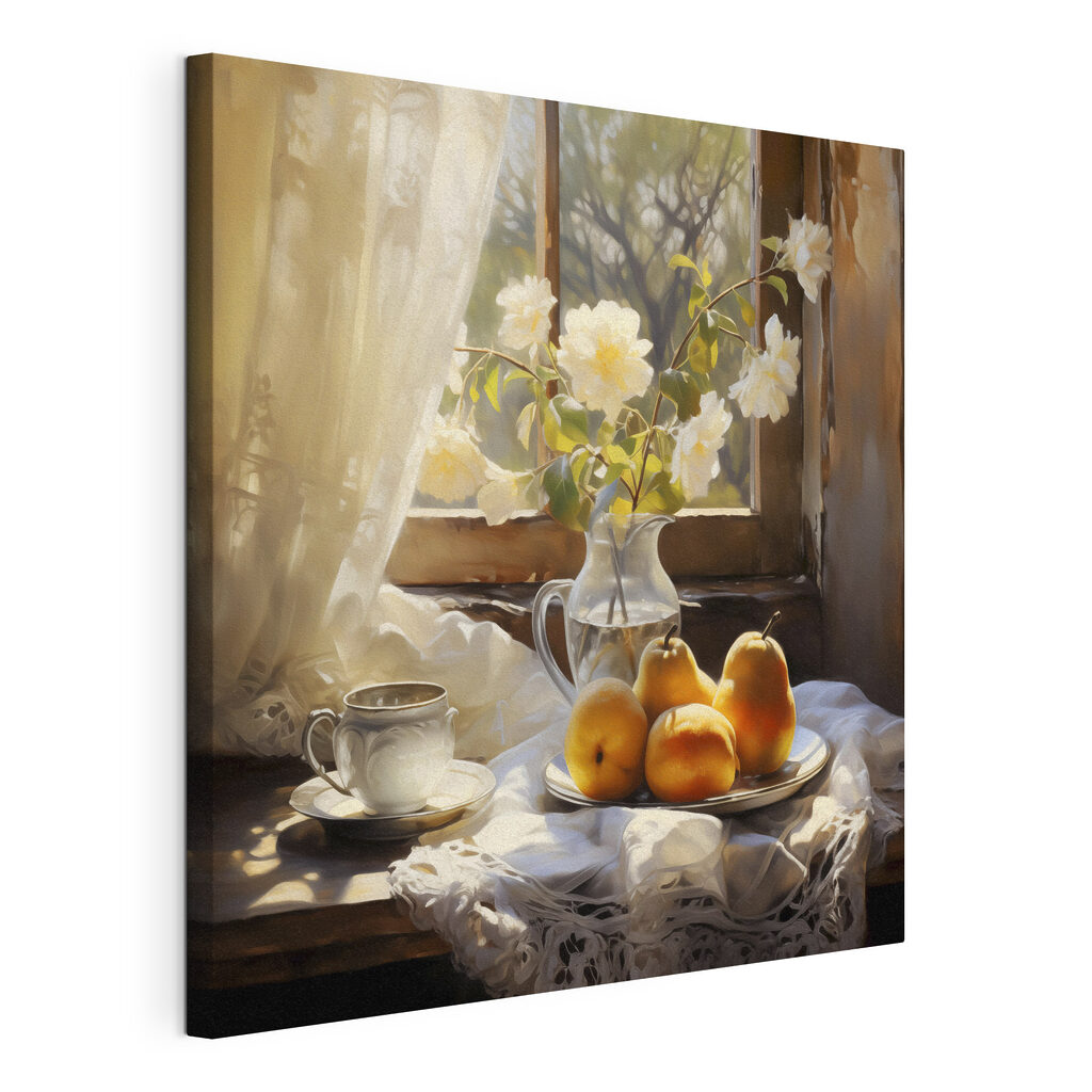 A plate of fruit and a cup on a table next to a vase of flowers A plate of fruit and a cup on a table next to a vase of flowers