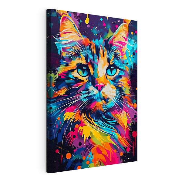 Een kleurrijke kat met blauwe ogen Canvas Schilderijen Een kleurrijke kat met blauwe ogen