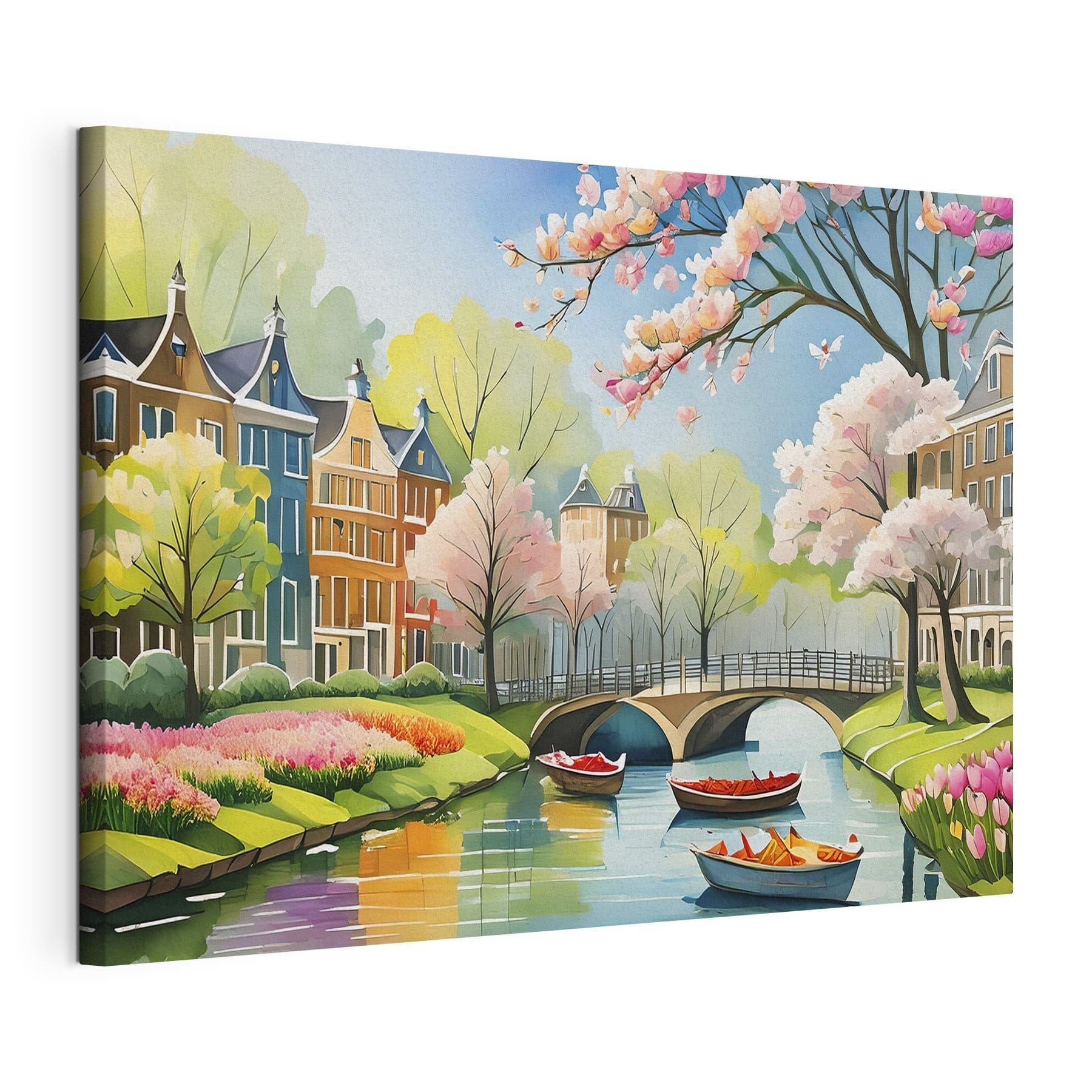 A painting of a river with boats and a bridge and trees A painting of a river with boats and a bridge and trees