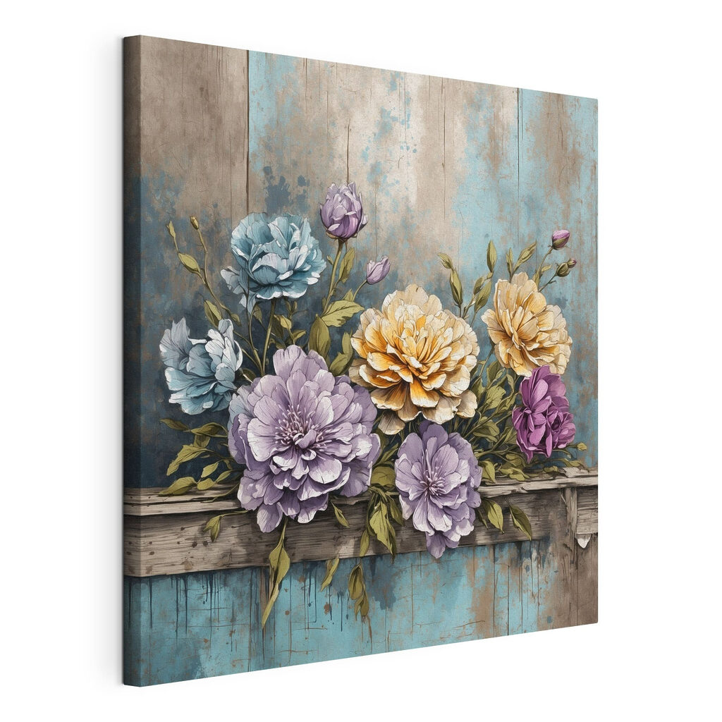 A painting of flowers on a wood ledge