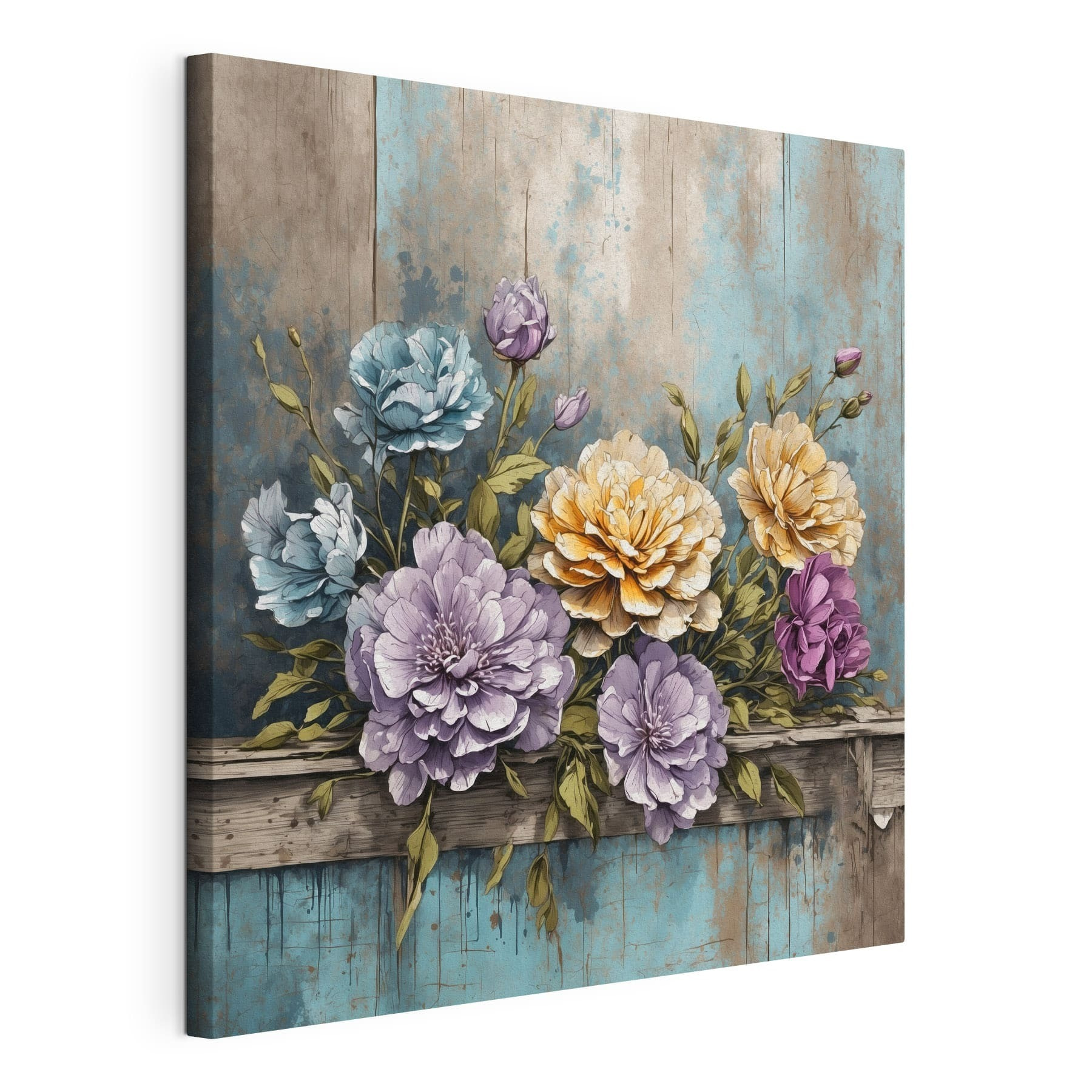 A painting of flowers on a wood ledge