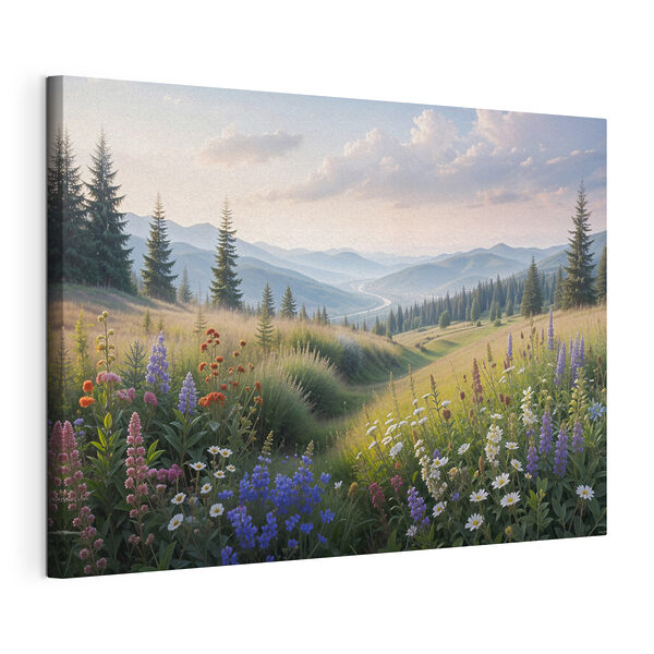 Canvas Schilderijen Een veld vol bloemen en bomen