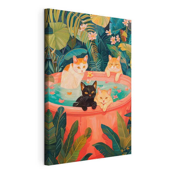 Katten in een bak water Canvas Schilderijen Katten in een bak water