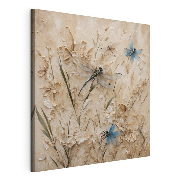 Libellen en bloemen op een muur Canvas Schilderijen Libellen en bloemen op een muur