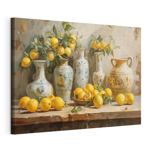 Canvas Schilderijen Schilderij van citroenen en vazen op een tafel
